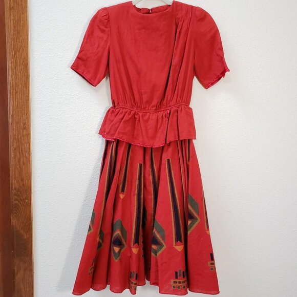 Vintage Dresses & Skirts - Vintage 1980's Avant garde midi dress / brick red multicolor XS-S